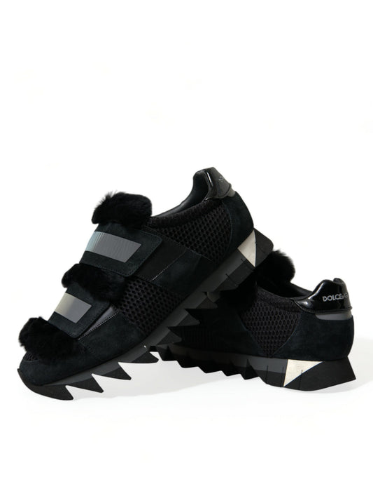 Dolce & Gabbana Black Fur Embellished Suede Sneakers Shoes