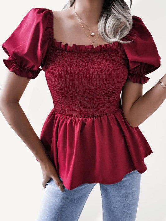 Kechiq 3ND Women's Solid Color Balloon Sleeve Hem Ruffle Chiffon Shirt Top - Kechiq Concept Boutique