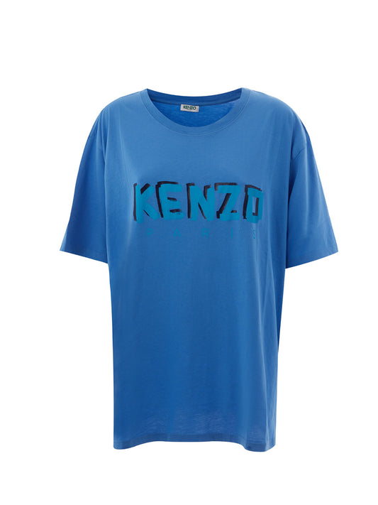 Kenzo Blue Cotton T-Shirt with Contrasting Painting Logo