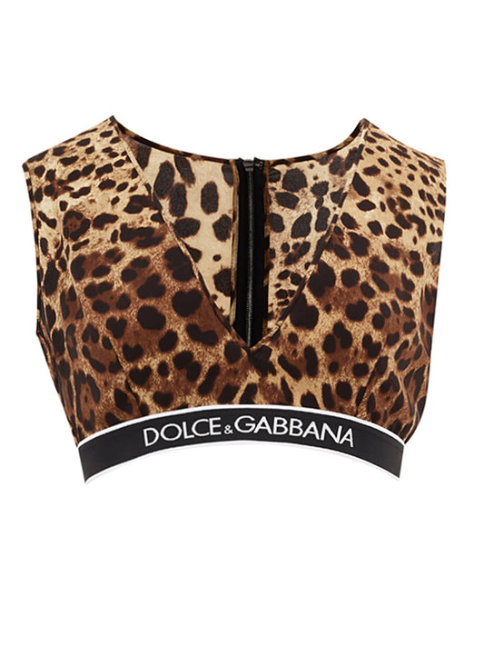 Dolce & Gabbana Brown Leopard Print Cropped V Neck Top
