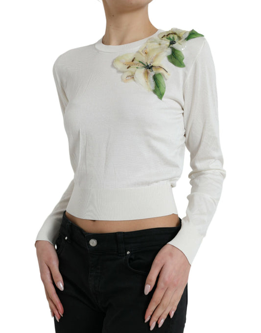 Dolce & Gabbana White Floral Silk Crew Neck Pullover Sweater