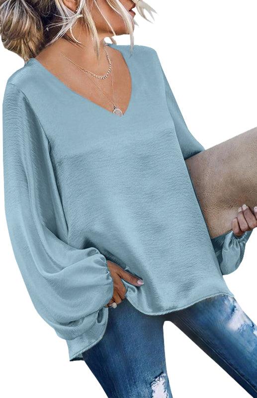Kechiq 3ND Long Sleeve Loose V-Neck Solid Color Top - Kechiq Concept Boutique