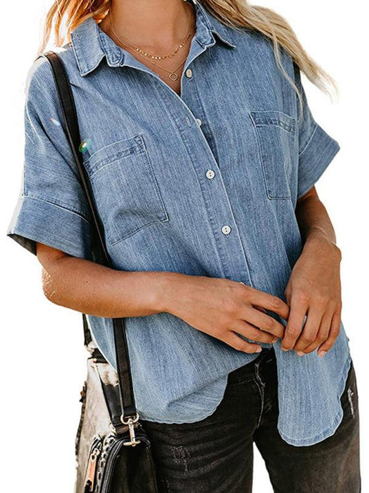 Kechiq 3ND Women's Lapel Double Pocket Straight Denim Shirt - Kechiq Concept Boutique