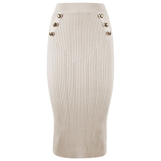 Yes Zee Chic Beige Pencil Skirt with Decorative Buttons